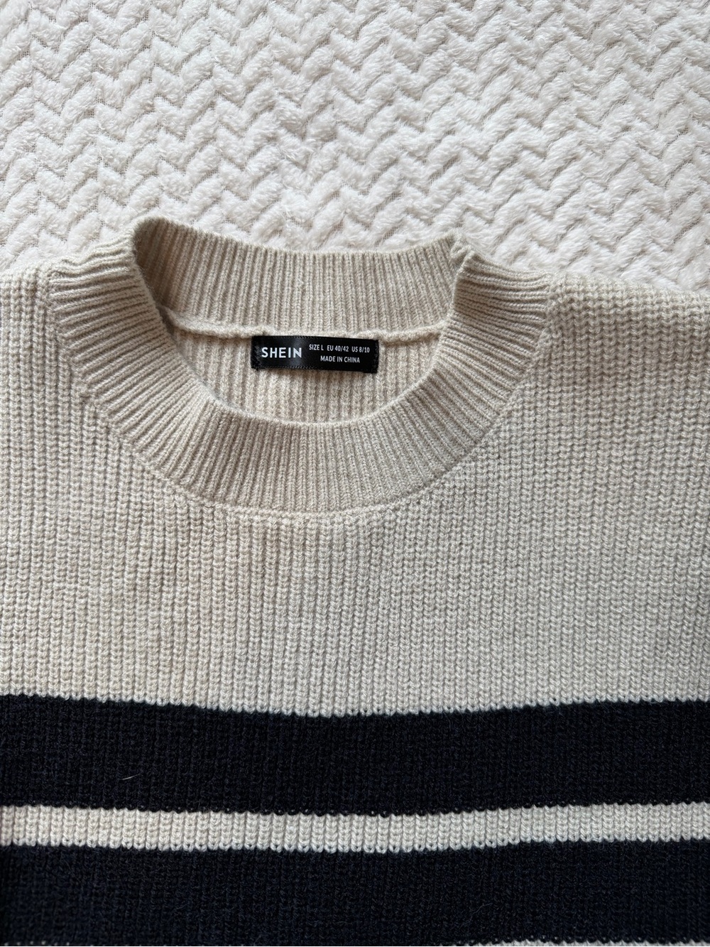 SHEIN Cream and Black Stripe Knit Crewneck Sweater